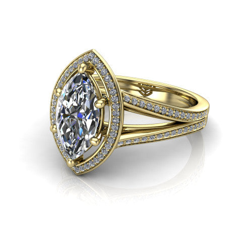 Lyra marquise halo engagement ring in 18K Yellow Gold, three-quarter perspective showing the brilliant marquise center diamond inside a squared pave halo on a pave split shank