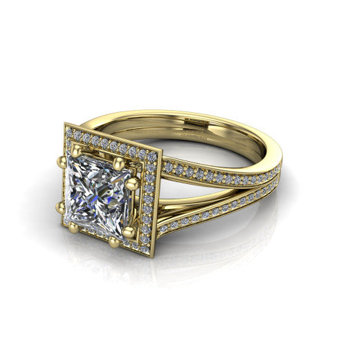Lyra princess halo engagement ring in 14K Yellow Gold, three-quarter perspective showing the brilliant princess-cut center diamond inside a squared pave halo on a pave split shank