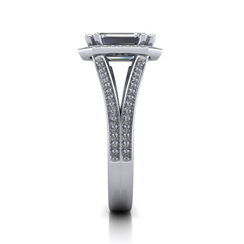 Lyra emerald halo engagement ring in 18K White Gold, side profile showing the squared halo head, pave split shank rails, and open under-gallery