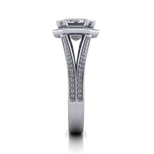 Lyra square emerald halo engagement ring in 14K White Gold, side profile showing the squared halo head, pave split shank rails, and open under-gallery
