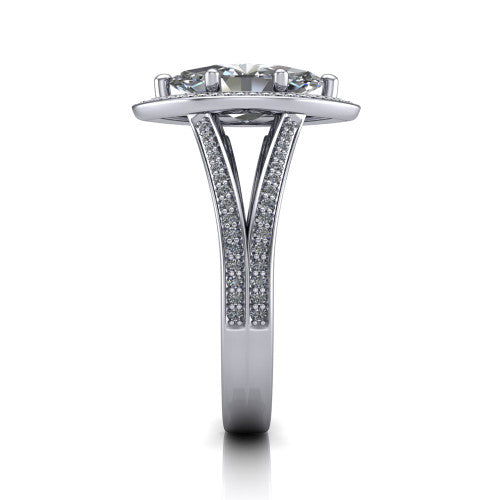Lyra marquise halo engagement ring in 18K White Gold, side profile showing the squared halo head, pave split shank rails, and open under-gallery