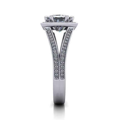 Lyra princess halo engagement ring in Platinum, side profile showing the squared halo head, pave split shank rails, and open under-gallery