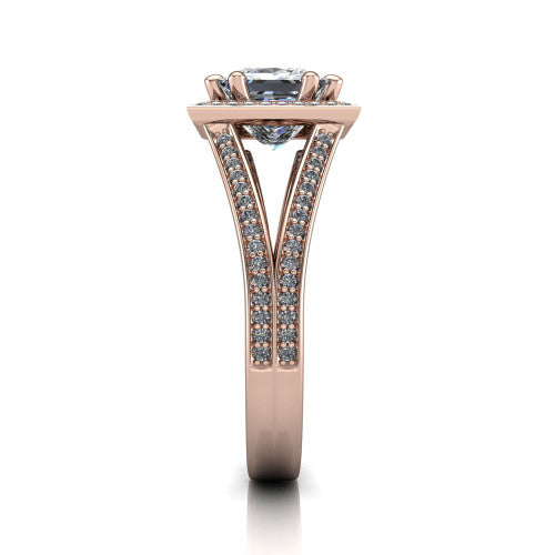 Lyra princess halo engagement ring in 14K Rose Gold, side profile showing the squared halo head, pave split shank rails, and open under-gallery