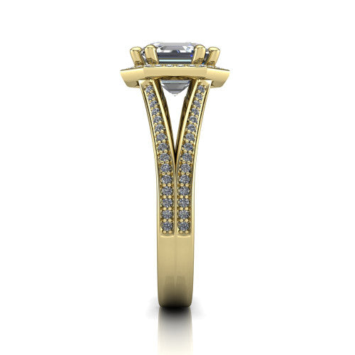 Lyra square emerald halo engagement ring in 18K Yellow Gold, side profile showing the squared halo head, pave split shank rails, and open under-gallery
