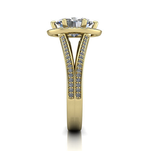 Lyra oval halo engagement ring in 18K Yellow Gold, side profile showing the squared halo head, pave split shank rails, and open under-gallery