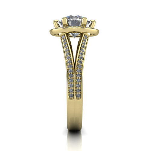 Lyra round halo engagement ring in 18K Yellow Gold, side profile showing the squared halo head, pave split shank rails, and open under-gallery