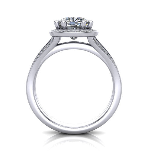 Lyra cushion halo engagement ring in 18K White Gold, through-finger front profile showing the squared halo head and split shank shoulders