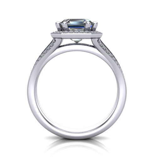 Lyra square emerald halo engagement ring in 18K White Gold, through-finger front profile showing the squared halo head and split shank shoulders
