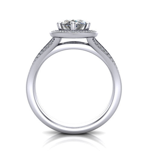 Lyra marquise halo engagement ring in 14K White Gold, through-finger front profile showing the squared halo head and split shank shoulders