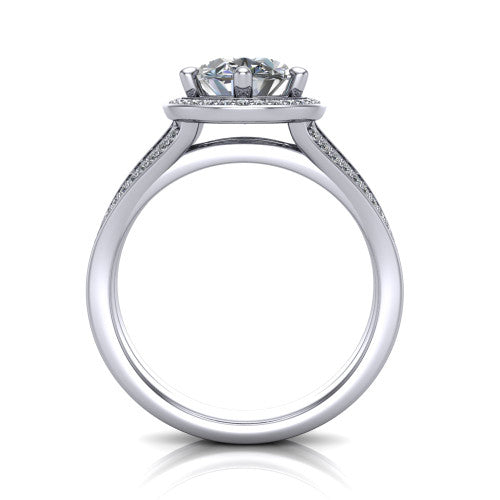 Lyra oval halo engagement ring in Platinum, through-finger front profile showing the squared halo head and split shank shoulders