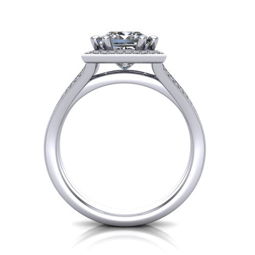Lyra princess halo engagement ring in Platinum, through-finger front profile showing the squared halo head and split shank shoulders