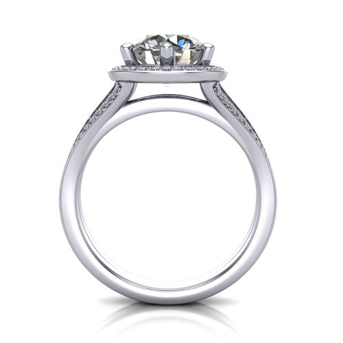 Lyra round halo engagement ring in Platinum, through-finger front profile showing the squared halo head and split shank shoulders