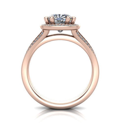 Lyra cushion halo engagement ring in 14K Rose Gold, through-finger front profile showing the squared halo head and split shank shoulders