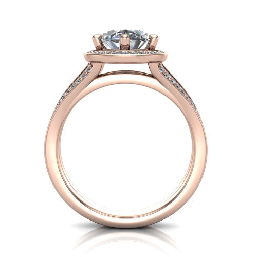 Lyra oval halo engagement ring in 14K Rose Gold, through-finger front profile showing the squared halo head and split shank shoulders