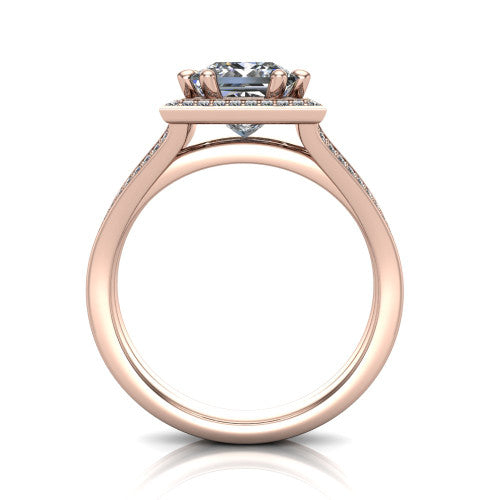Lyra princess halo engagement ring in 14K Rose Gold, through-finger front profile showing the squared halo head and split shank shoulders