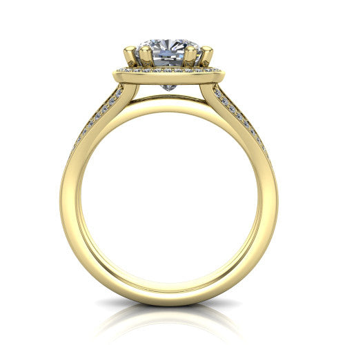 Lyra cushion halo engagement ring in 14K Yellow Gold, through-finger front profile showing the squared halo head and split shank shoulders