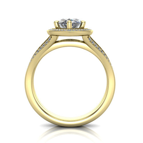 Lyra marquise halo engagement ring in 18K Yellow Gold, through-finger front profile showing the squared halo head and split shank shoulders