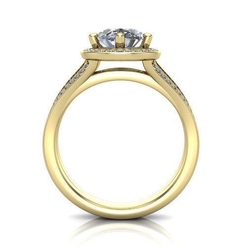 Lyra oval halo engagement ring in 18K Yellow Gold, through-finger front profile showing the squared halo head and split shank shoulders