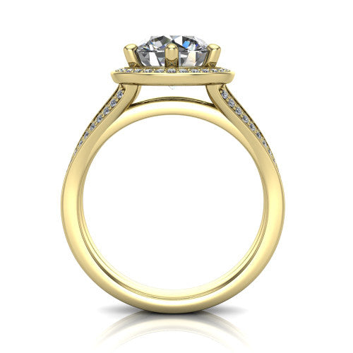 Lyra round halo engagement ring in 18K Yellow Gold, through-finger front profile showing the squared halo head and split shank shoulders