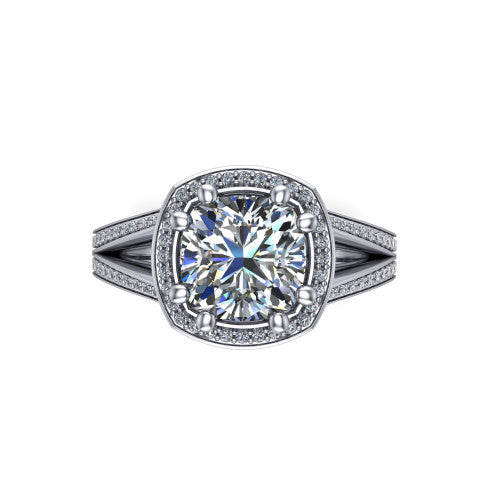 Lyra cushion halo engagement ring in 18K White Gold, top-down view showing the brilliant cushion-cut center diamond framed by a squared pave halo