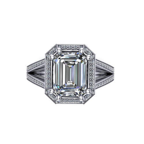 Lyra emerald halo engagement ring in 14K White Gold, top-down view showing the step-cut emerald center diamond framed by a squared pave halo