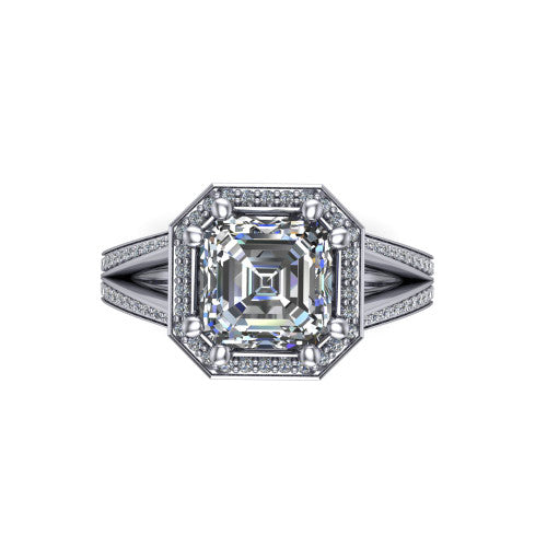 Lyra square emerald halo engagement ring in 14K White Gold, top-down view showing the step-cut square emerald center diamond framed by a squared pave halo
