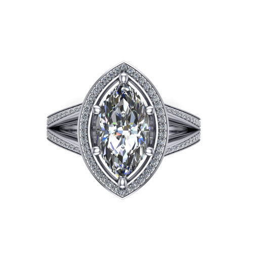 Lyra marquise halo engagement ring in 18K White Gold, top-down view showing the brilliant marquise center diamond framed by a squared pave halo