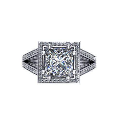 Lyra princess halo engagement ring in 14K White Gold, top-down view showing the brilliant princess-cut center diamond framed by a squared pave halo