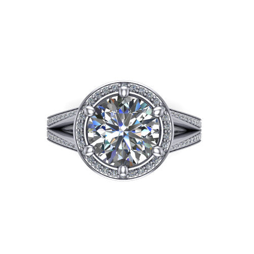 Lyra round halo engagement ring in 14K White Gold, top-down view showing the brilliant round center diamond framed by a squared pave halo