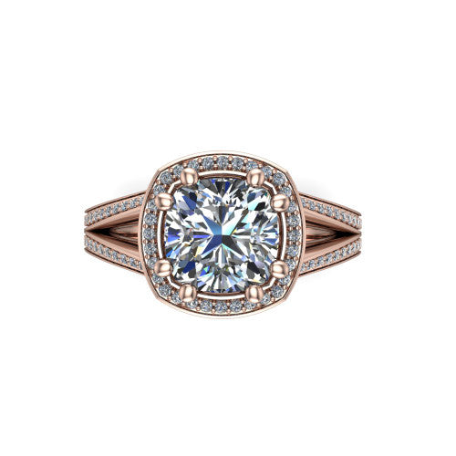 Lyra cushion halo engagement ring in 18K Rose Gold, top-down view showing the brilliant cushion-cut center diamond framed by a squared pave halo
