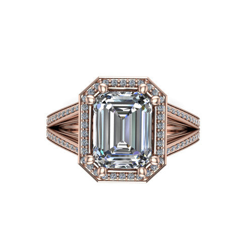 Lyra emerald halo engagement ring in 18K Rose Gold, top-down view showing the step-cut emerald center diamond framed by a squared pave halo
