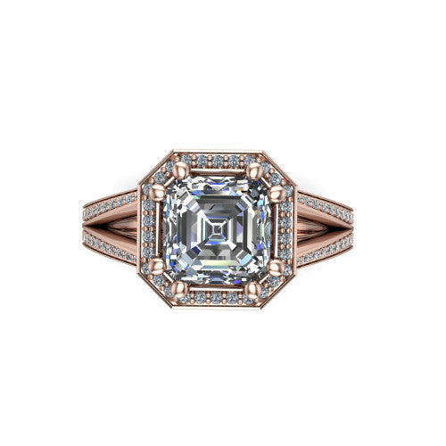 Lyra square emerald halo engagement ring in 14K Rose Gold, top-down view showing the step-cut square emerald center diamond framed by a squared pave halo