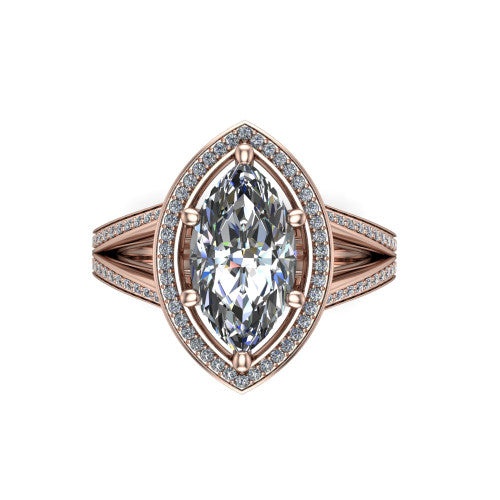 Lyra marquise halo engagement ring in 14K Rose Gold, top-down view showing the brilliant marquise center diamond framed by a squared pave halo