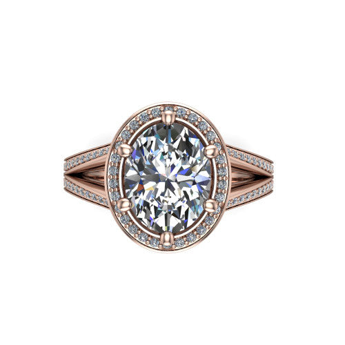 Lyra oval halo engagement ring in 18K Rose Gold, top-down view showing the brilliant oval center diamond framed by a squared pave halo