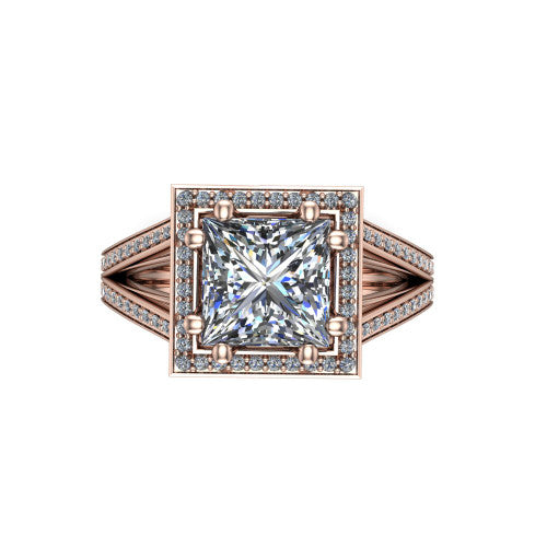 Lyra princess halo engagement ring in 18K Rose Gold, top-down view showing the brilliant princess-cut center diamond framed by a squared pave halo