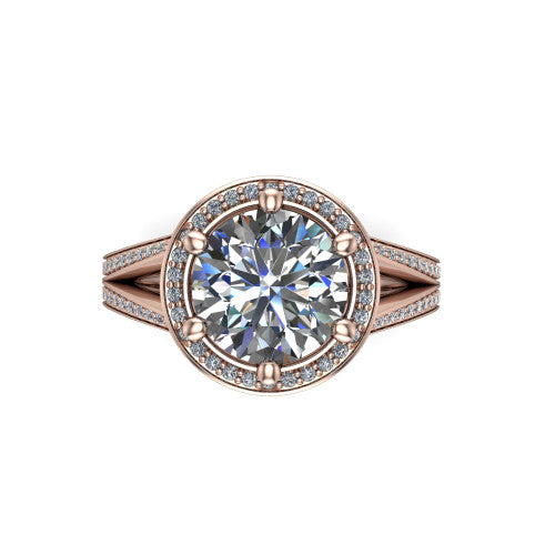 Lyra round halo engagement ring in 14K Rose Gold, top-down view showing the brilliant round center diamond framed by a squared pave halo