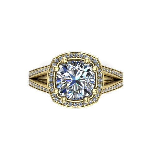 Lyra cushion halo engagement ring in 18K Yellow Gold, top-down view showing the brilliant cushion-cut center diamond framed by a squared pave halo
