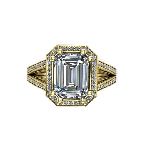 Lyra emerald halo engagement ring in 18K Yellow Gold, top-down view showing the step-cut emerald center diamond framed by a squared pave halo