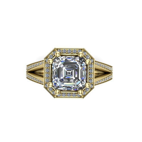 Lyra square emerald halo engagement ring in 18K Yellow Gold, top-down view showing the step-cut square emerald center diamond framed by a squared pave halo