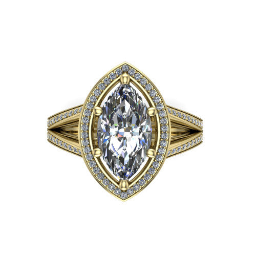 Lyra marquise halo engagement ring in 18K Yellow Gold, top-down view showing the brilliant marquise center diamond framed by a squared pave halo