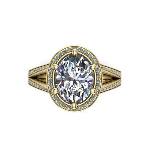 Lyra oval halo engagement ring in 18K Yellow Gold, top-down view showing the brilliant oval center diamond framed by a squared pave halo