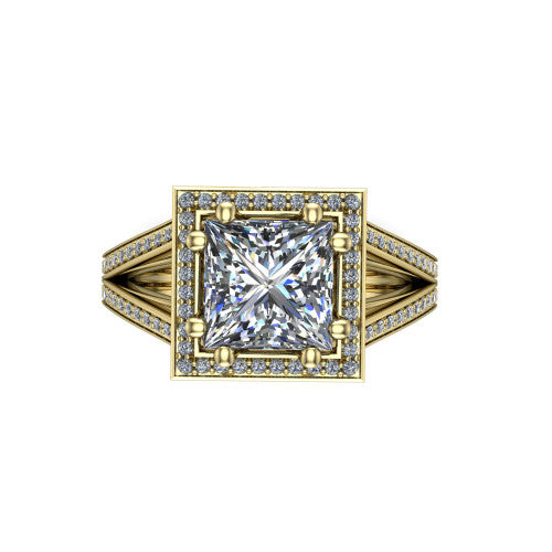 Lyra princess halo engagement ring in 14K Yellow Gold, top-down view showing the brilliant princess-cut center diamond framed by a squared pave halo