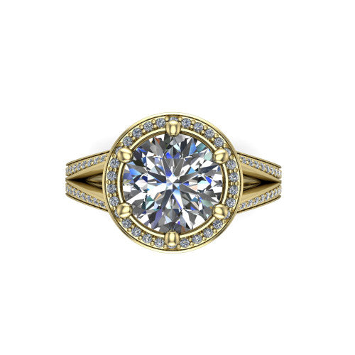 Lyra round halo engagement ring in 18K Yellow Gold, top-down view showing the brilliant round center diamond framed by a squared pave halo