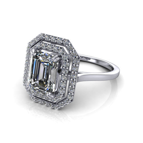 Gwendolyn emerald halo engagement ring in 14K White Gold, three-quarter perspective showing the step-cut emerald center diamond framed by two pave diamond halos and a polished knife-edge shank