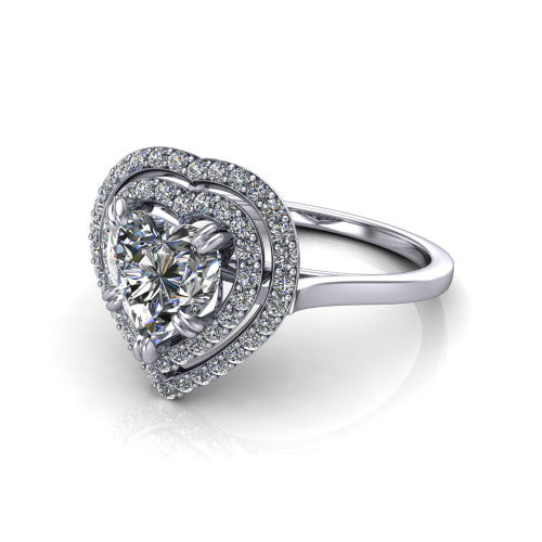 Gwendolyn heart halo engagement ring in 14K White Gold, three-quarter perspective showing the brilliant heart-shaped center diamond framed by two pave diamond halos and a polished knife-edge shank