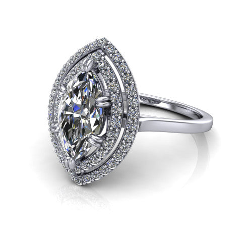 Gwendolyn marquise halo engagement ring in Platinum, three-quarter perspective showing the brilliant marquise center diamond framed by two pave diamond halos and a polished knife-edge shank