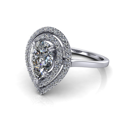 Gwendolyn pear halo engagement ring in 14K White Gold, three-quarter perspective showing the brilliant pear-cut center diamond framed by two pave diamond halos and a polished knife-edge shank