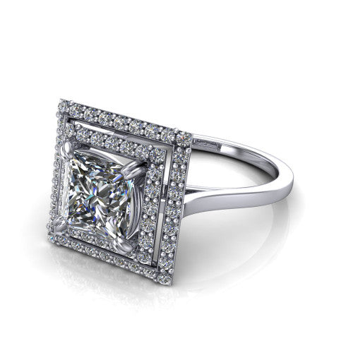 Gwendolyn princess halo engagement ring in Platinum, three-quarter perspective showing the brilliant princess-cut center diamond framed by two pave diamond halos and a polished knife-edge shank