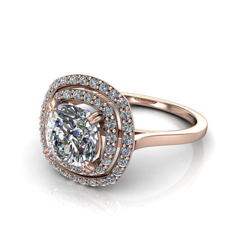 Gwendolyn cushion halo engagement ring in 14K Rose Gold, three-quarter perspective showing the brilliant cushion-cut center diamond framed by two pave diamond halos and a polished knife-edge shank
