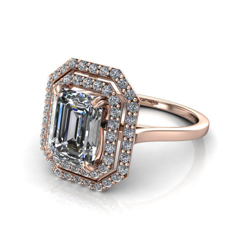 Gwendolyn emerald halo engagement ring in 14K Rose Gold, three-quarter perspective showing the step-cut emerald center diamond framed by two pave diamond halos and a polished knife-edge shank